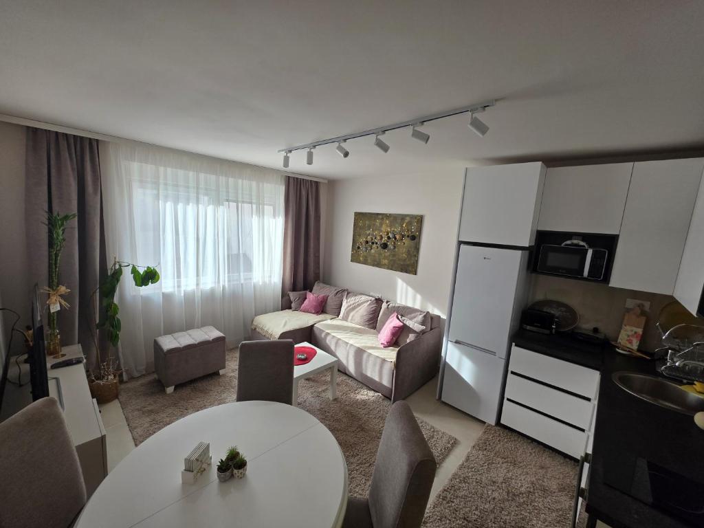 Una cocina y una sala de estar con un sofá y una mesa. en Apartman Bibi centar, en Niš