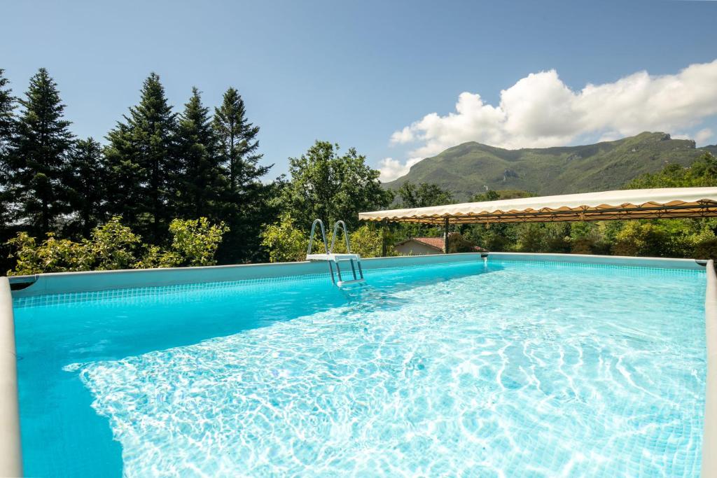 a blue swimming pool with a mountain in the background at Villa Nicola in Camaiore
