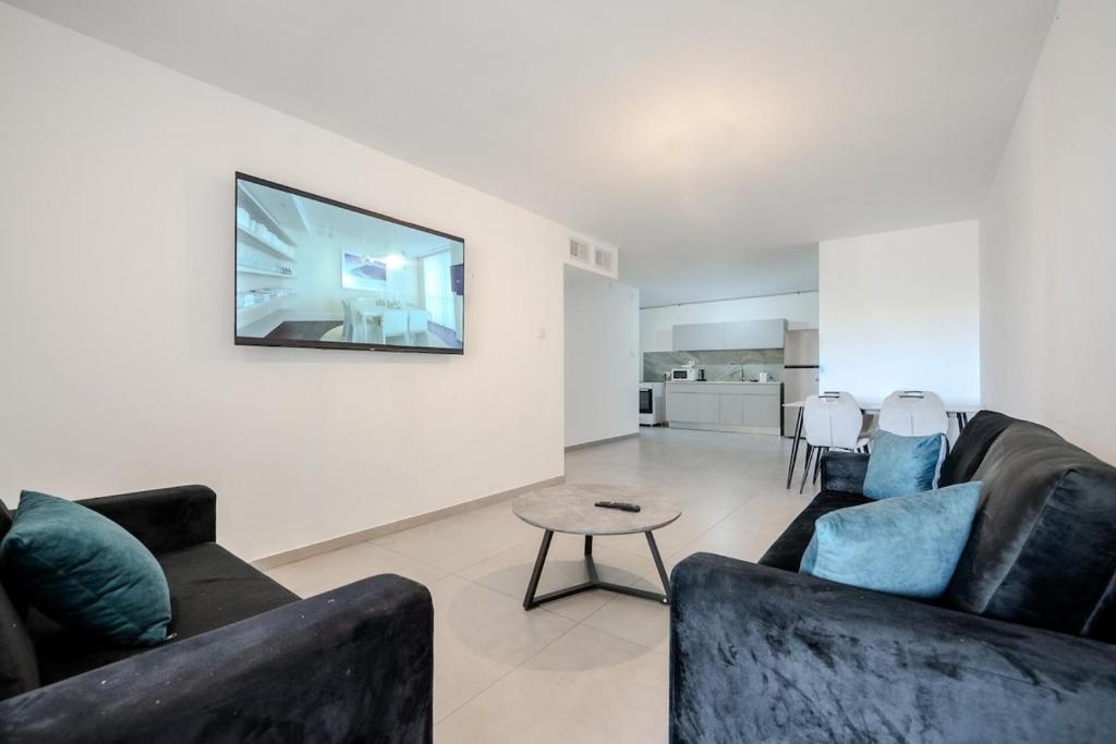 a living room with two couches and a tv at Ashdod 5 rooms with mamad in Ashdod