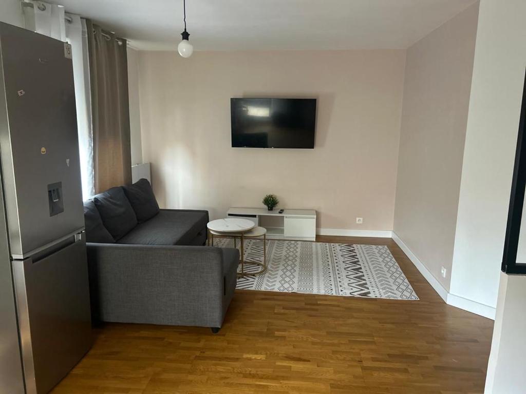 ein Wohnzimmer mit Sofa und Fernseher in der Unterkunft Omega Appartment in Corbeil-Essonnes