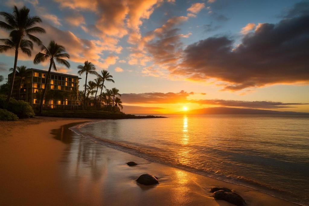 un coucher de soleil sur une plage avec des palmiers et un bâtiment dans l'établissement 1-Bedroom Villas at Honua Kai Hokulani by KBM, à Kaanapali Airport