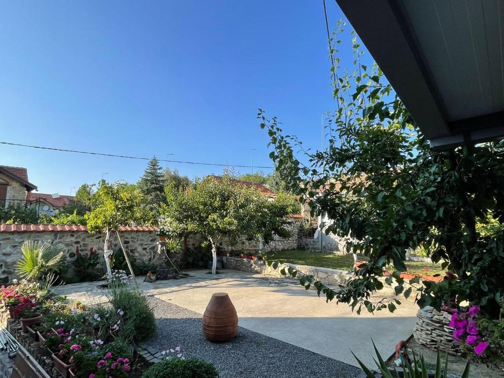 a garden with a vase in the middle of a yard at Villa Milla in Veles