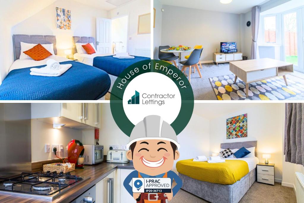 eine Collage aus zwei Bildern einer Küche und eines Schlafzimmers in der Unterkunft 3 Bedroom Contractor House By Your Lettings Short Lets & Serviced Accommodation Peterborough With Free WiFi and Parking in Peterborough