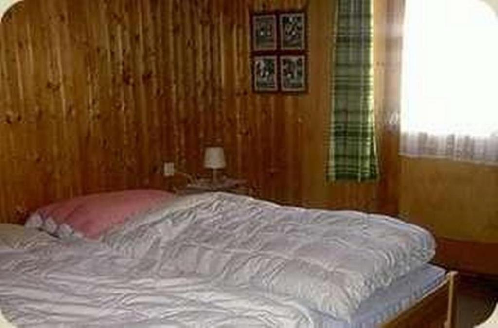 een bed in een slaapkamer met een houten wand bij Cad Maté 2 in Maloja