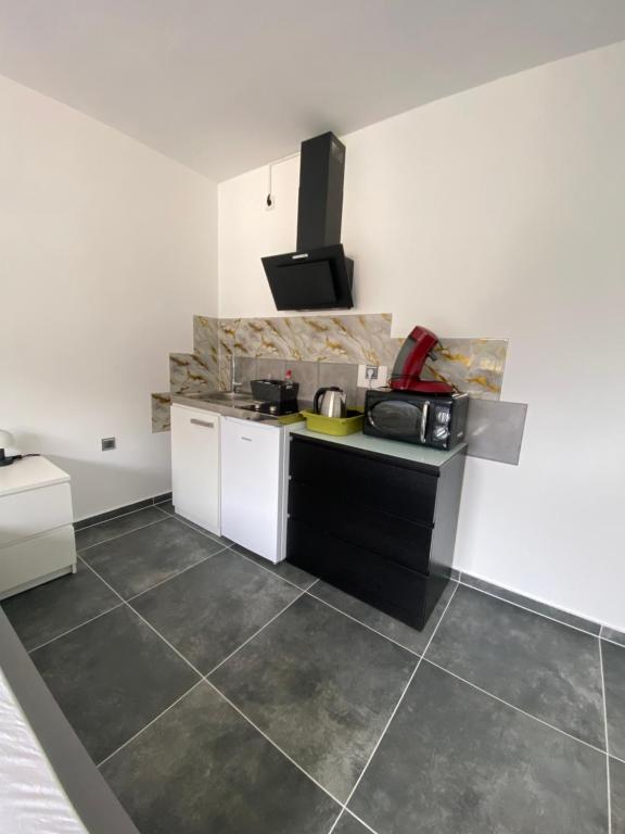 a kitchen with a counter and a sink in a room at Modernes 1-Zimmer Apartment mit Küche und Bad in Merzig