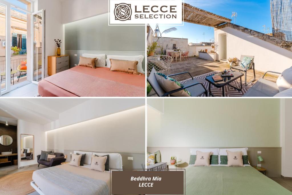 een collage van drie foto's van een slaapkamer en een woonkamer bij Beddhra Mia - Lecce Selection in Lecce