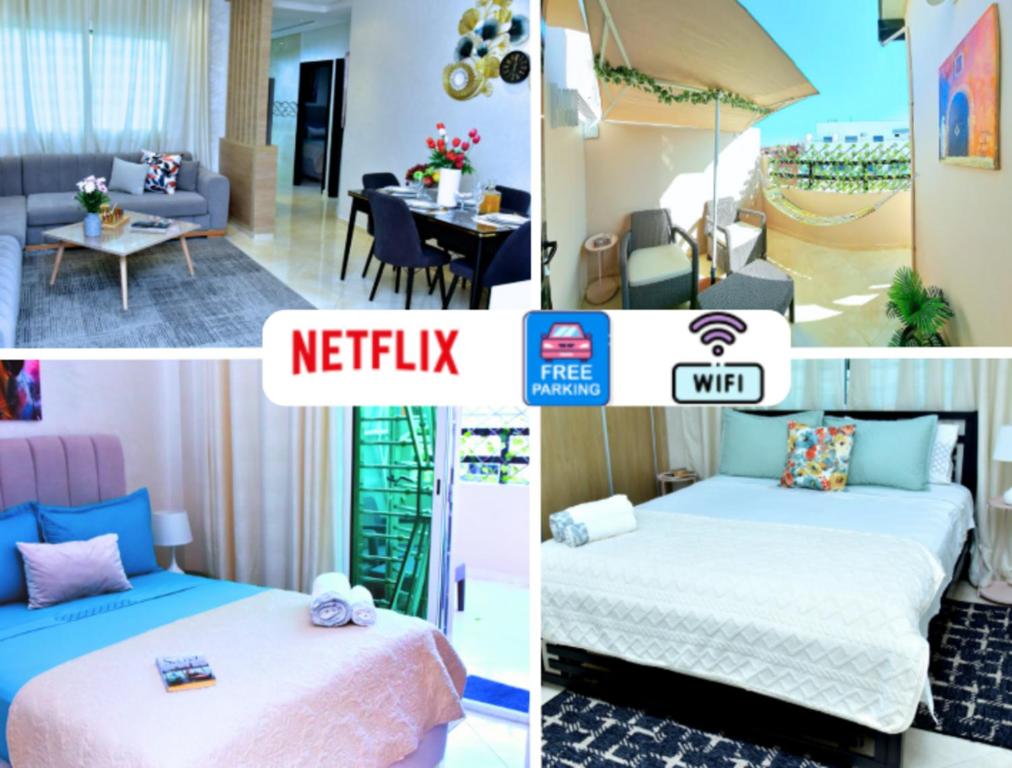 a collage of three pictures of a hotel room at Modern and cozy apartment in the heart of Kenitra in Kenitra