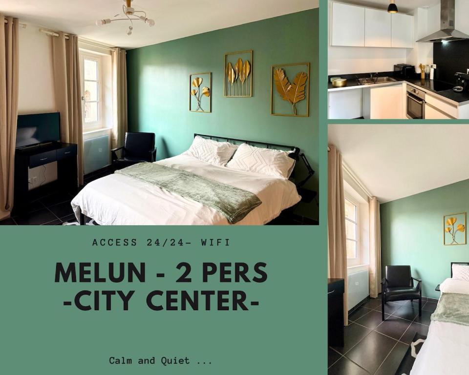 two pictures of a bedroom with a bed and a kitchen at Le Perché in Melun