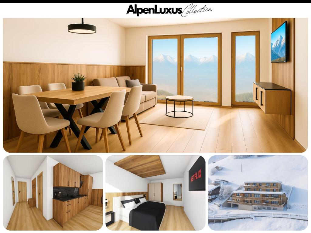 a collage of pictures of a living room and a dining room at PUREALPS Apartment - Opening December 2025 in Schwendberg