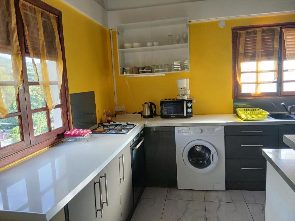 a kitchen with a washer and a washing machine at Villa Océane in Dublanc