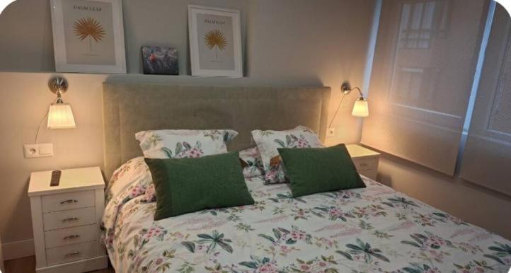 a bedroom with a bed with two green pillows at Alojamiento con encanto in Santoña