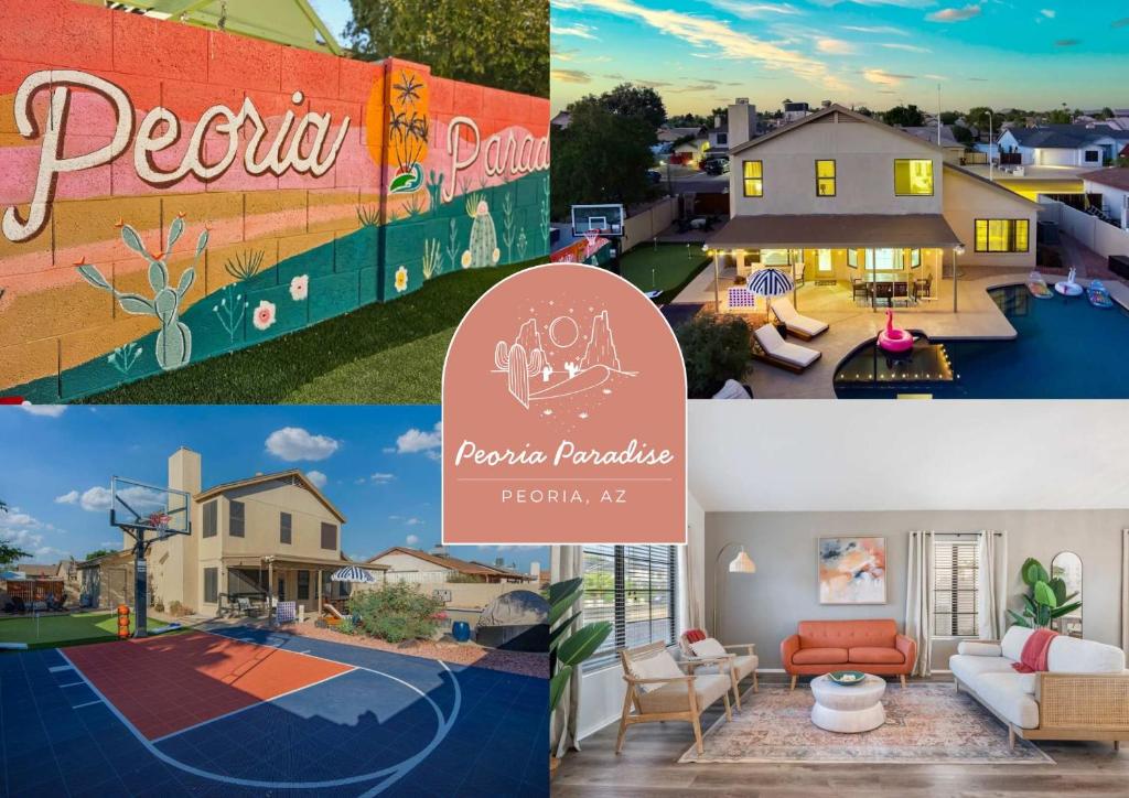un collage de fotos de una casa en Peoria Paradise Sportscourt Heated Pool Gameroom, en Peoria