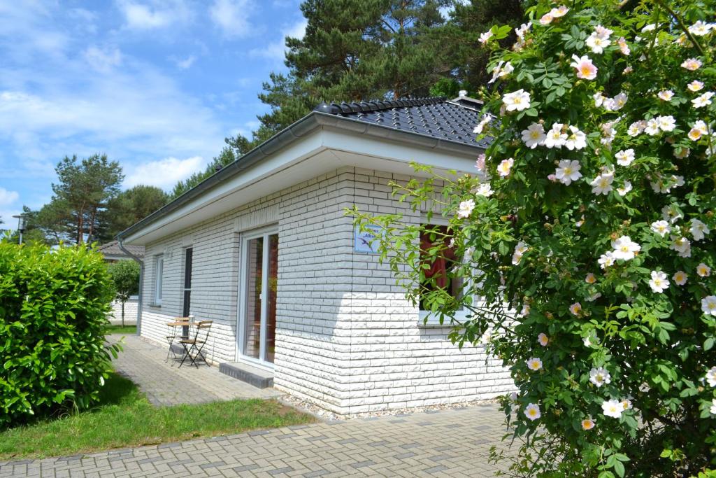 una pequeña casa blanca con un arbusto con flores en Ferienhaus Albatros, en Ostseebad Karlshagen