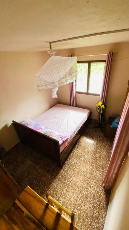 een kleine slaapkamer met een hemelbed bij Minerva Apart in Ranomafana