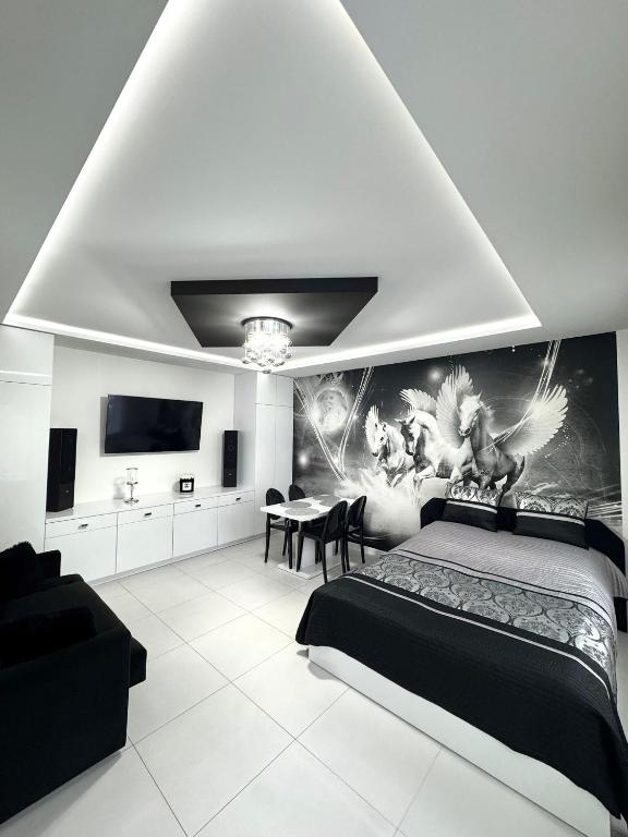 格涅兹诺Apartament Pegaz的一间带床、电视和桌子的卧室