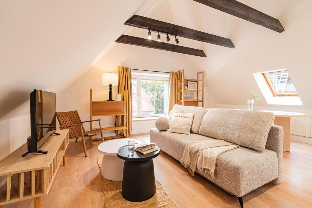 salon z kanapą i telewizorem w obiekcie Raciborska Old Town w mieście Gliwice