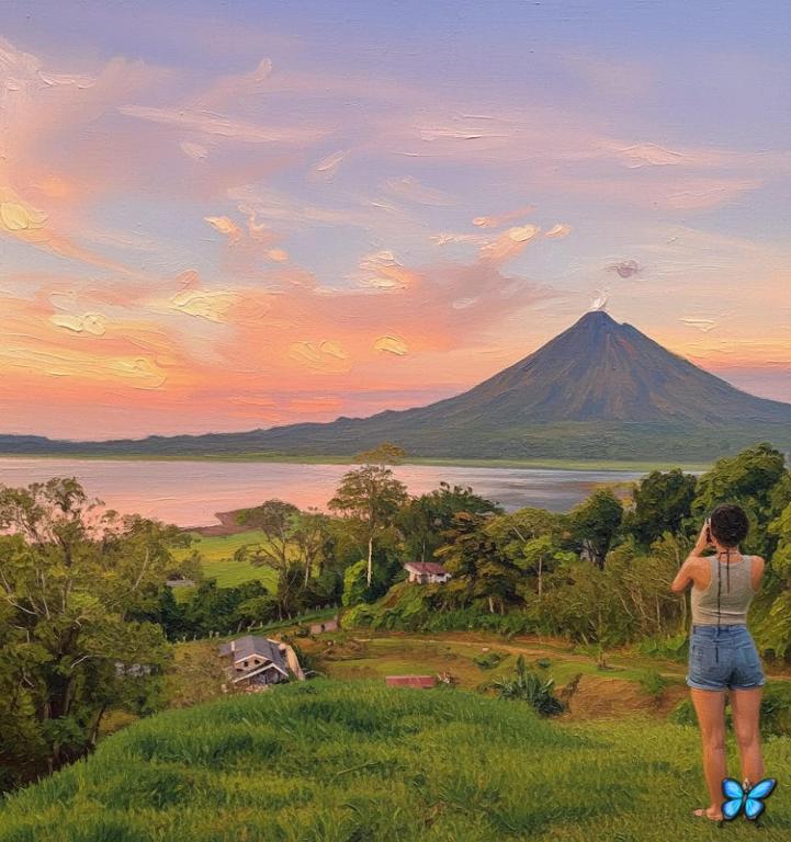 a woman taking a picture of a mountain at Sunset Inn Arenal B&B in El Castillo de La Fortuna
