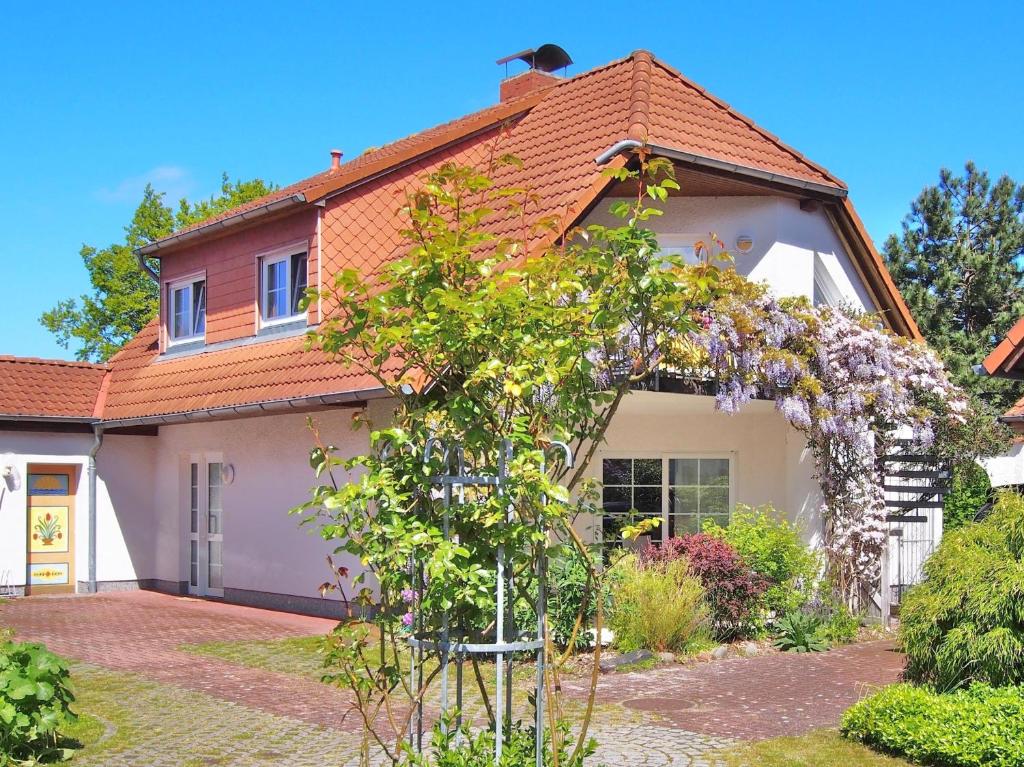 una casa con un arbusto en flor delante de ella en Birkmaase 16 - Komfort FeWo im 4-Sterne-Ferienhaus Manuela EG, en Zingst