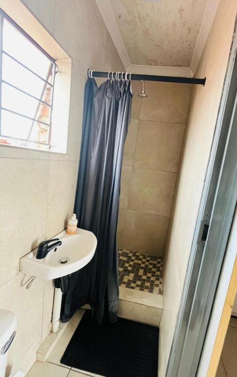 a bathroom with a shower and a sink at Legae la rena in Vosburg
