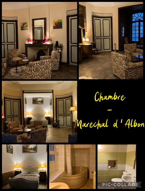 a collage of four pictures of a living room at Chateau d'Albon - Maréchale d'Albon in Saint-André-dʼApchon