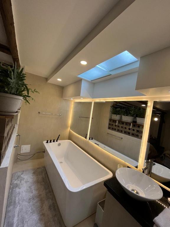 a bathroom with a bath tub and a sink at Suite del hotel Blau in Sopo