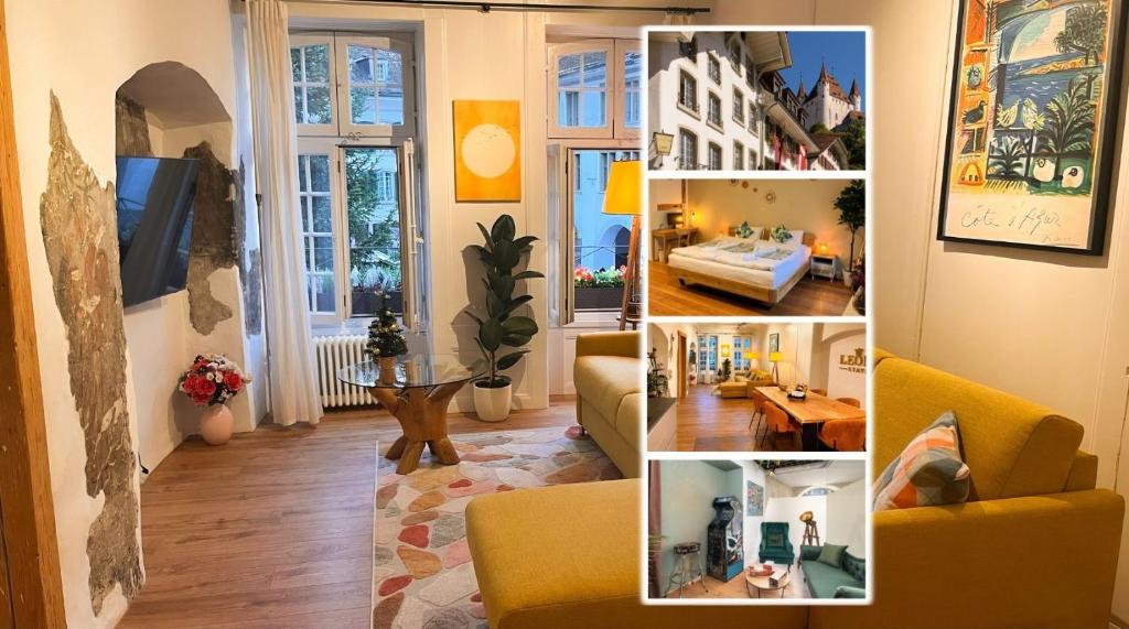 a collage of photos of a living room with a yellow couch at Leone Stays - Golden Castle Loft in Thun