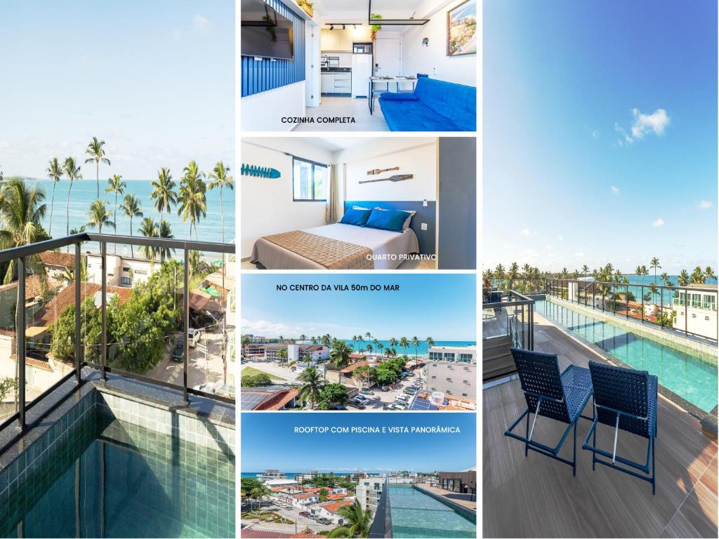 a collage of photos of a hotel with a view of the ocean at Flat no Centro 1 Quarto com varanda - 50m Piscinas das Naturais in Porto De Galinhas