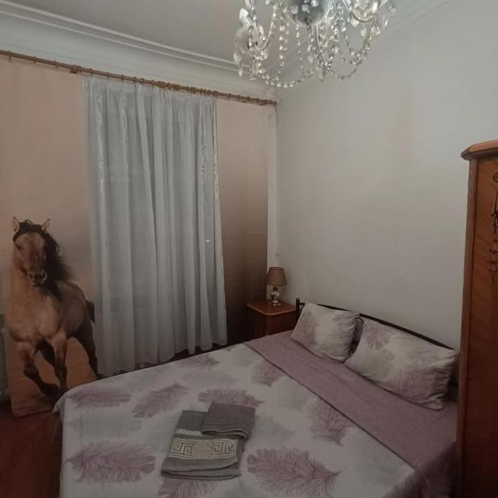 a bedroom with a bed and a chandelier at Центр города 2 кв Набережная in Dnipro