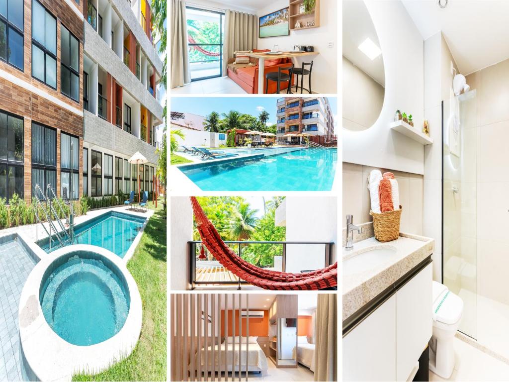 a collage of photos of a hotel with a pool at Paraíso familiar em frente a vila do pescador caboclo na nova orla de Tamandaré in Tamandaré
