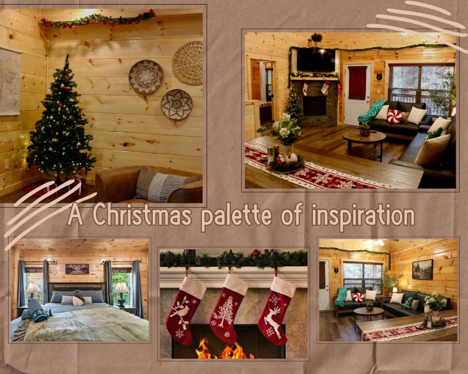 a christmas palette of inspiration with a christmas tree in a living room at Fall is in the air, Your Mountain Escape awaits in Pigeon Forge