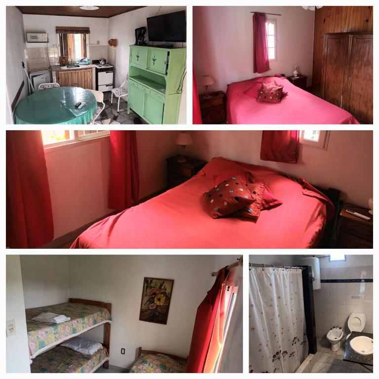 two pictures of a bedroom with a bed and a bathroom at Complejo Cumelen in Gualeguaychú