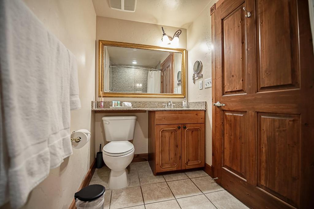 a bathroom with a toilet and a sink and a mirror at Relaxing Double Queen Mountain Getaway Near Park City & Sundance Ski Resorts - 2066 in Mound City