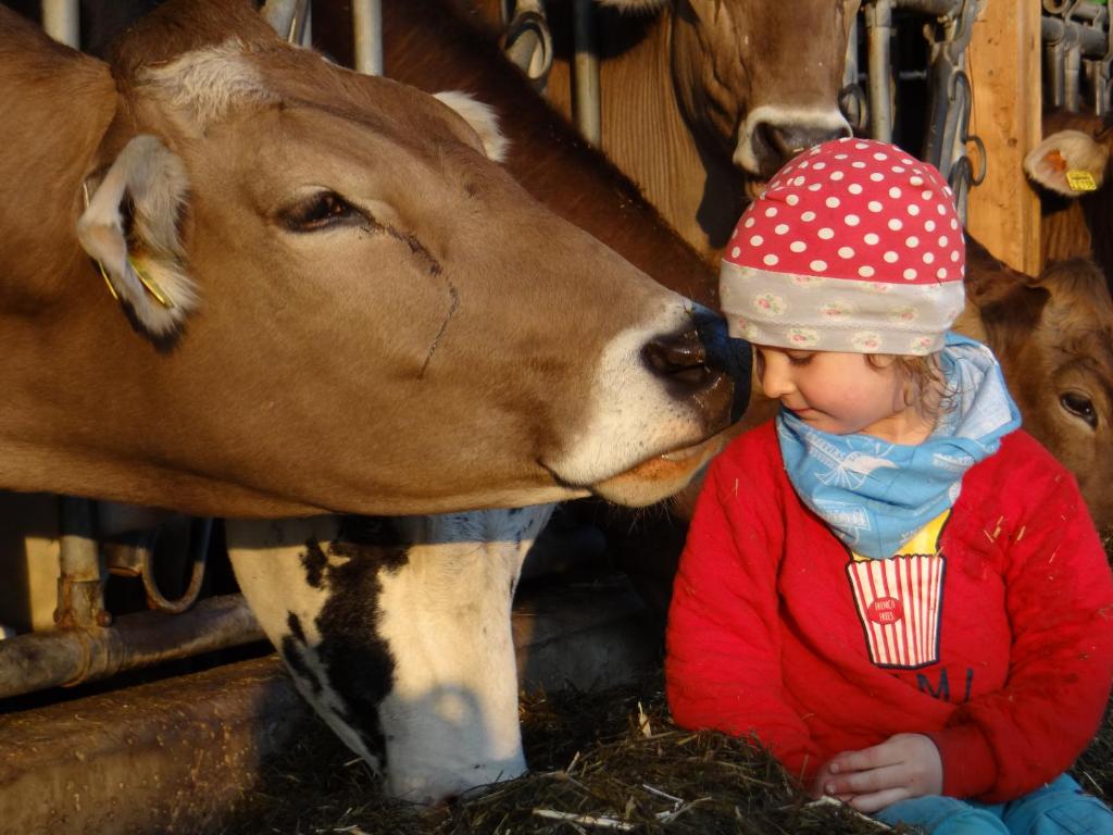 Ein kleines Mädchen steht neben einer Kuh in der Unterkunft Ferienhof Matthias Herz in Rettenberg