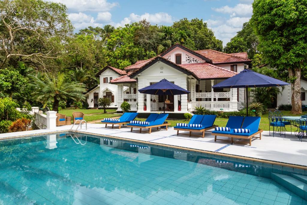 a house with a swimming pool with blue chairs and umbrellas at Clingendael Weligama in Weligama