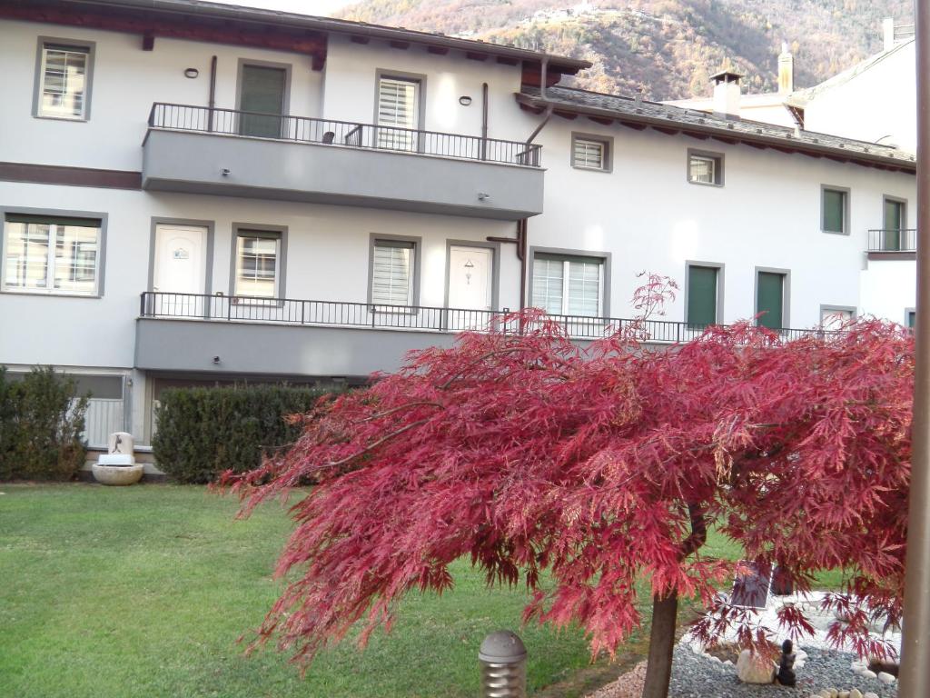 a red tree in front of a building at APPARTAMENTO ACERO - 2 min walk to Bernina Express - 150metri in Tirano