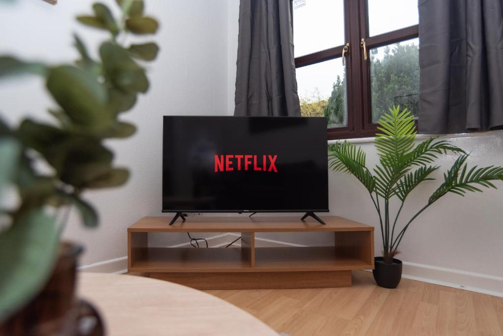 a television screen with the words netflix on it in a living room at Wellington - Telford house - With parking in Wellington