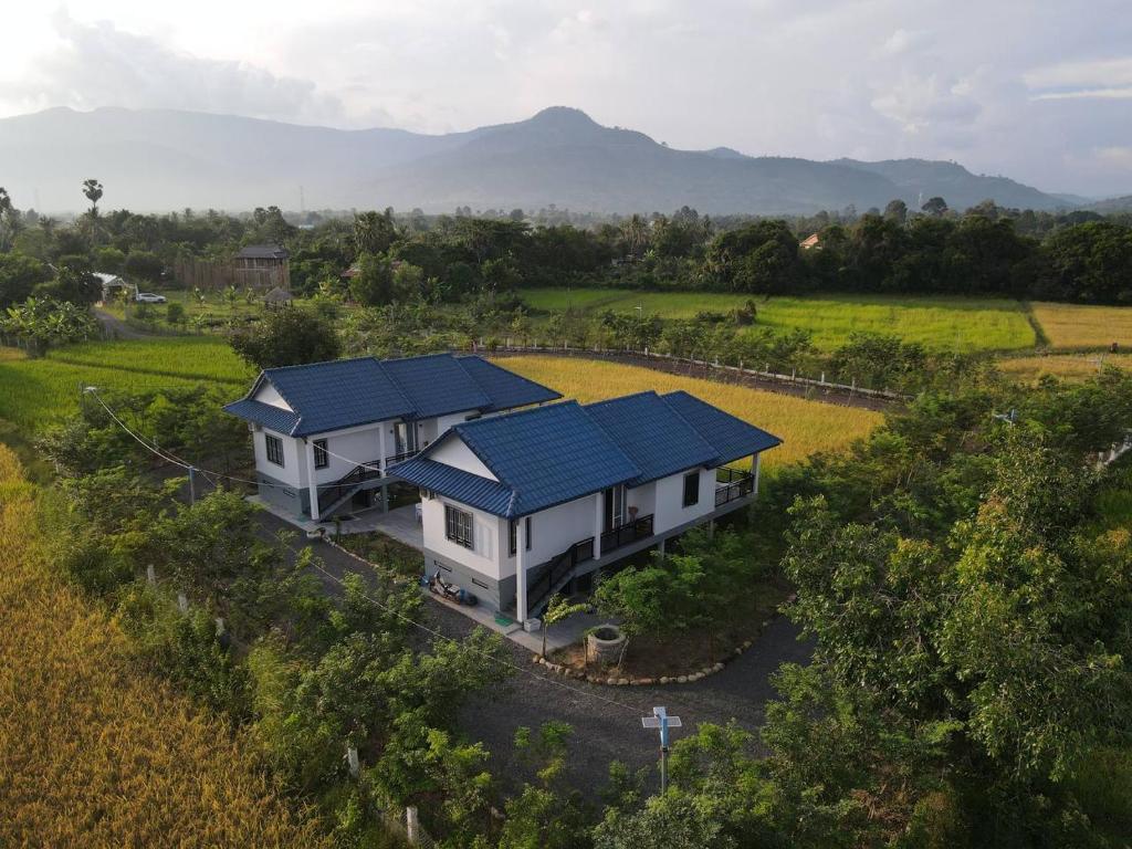 an aerial view of a house with a blue roof at បក្សី Baksaei Retreat Ricefield Villas in Kampot