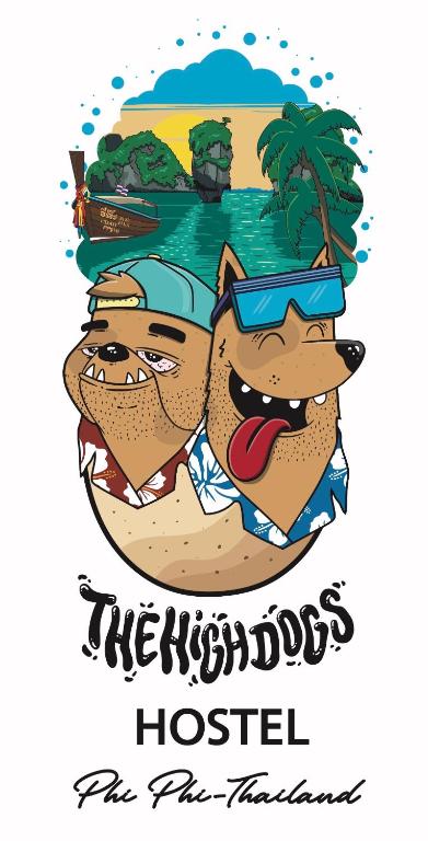 two dogs on the beach with the text hostel the holidays at The Highdogs Hostel in Phi Phi Islands