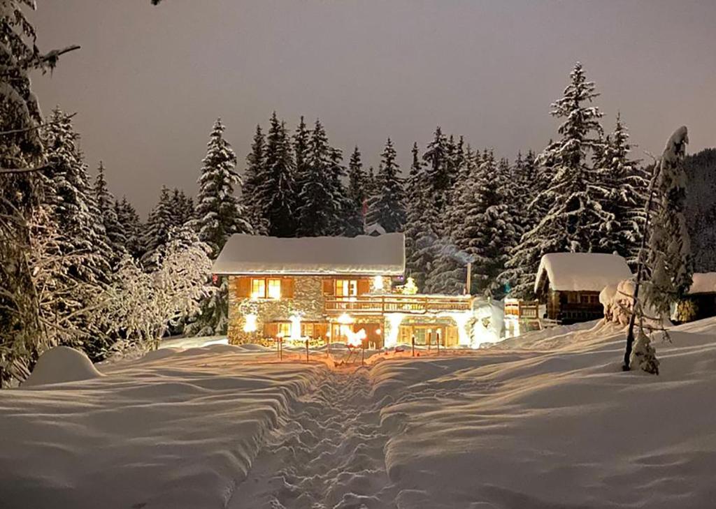 美贝尔Chalet Le Plaigny - golf de Méribel的雪覆盖的房屋,晚上有灯