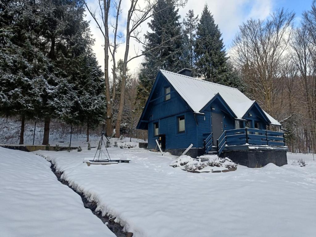 une maison bleue dans la neige avec de la neige au sol dans l'établissement Modry Domek Szczyrk, à Szczyrk