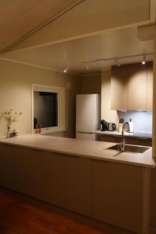 La cuisine est équipée d'un comptoir, d'un évier et d'un réfrigérateur. dans l'établissement Arctic View House - near Cable Car & Arctic Cathedral, à Tromsø