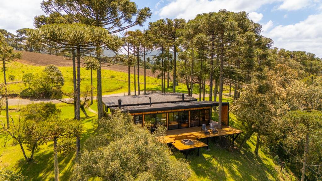 eine Draufsicht auf ein Haus im Wald in der Unterkunft Cabana na Serra Lareira e Vista Deslumbrante in Rio Rufino