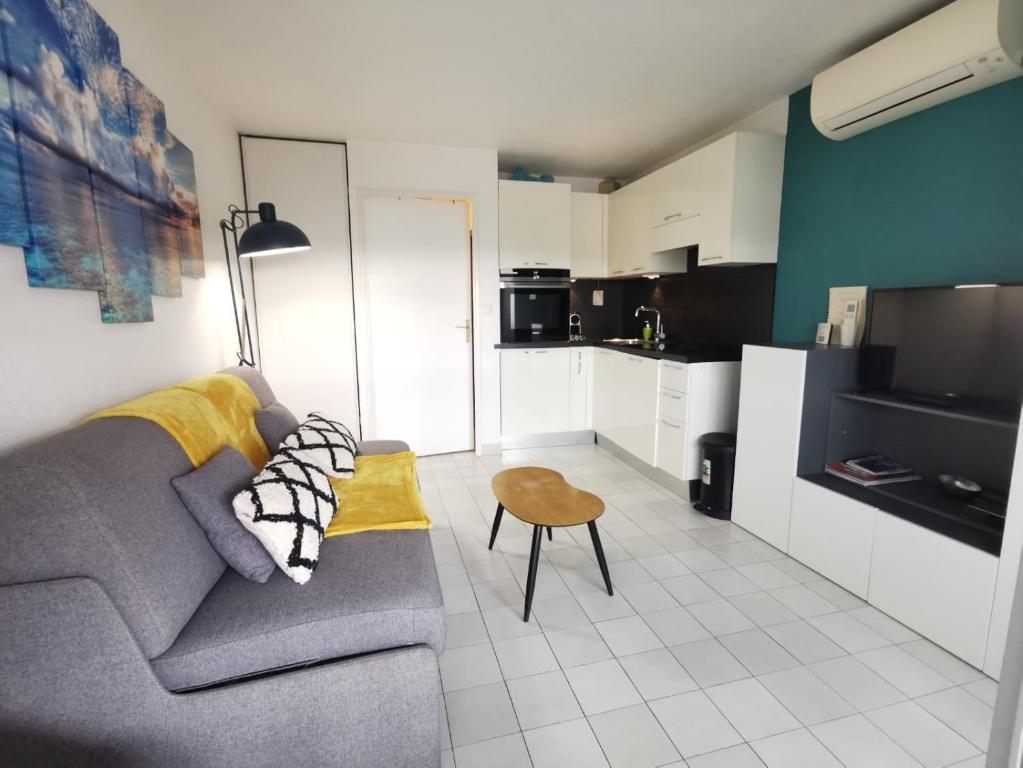 a living room with a gray couch and a kitchen at Studio Ciel d'Azur - 4 pers - Fréjus Plage - Tout à pied in Fréjus