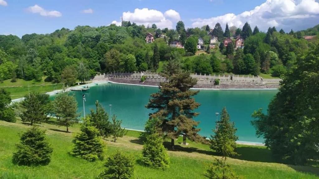 einem Luftblick auf einen See in einem Park in der Unterkunft Kuća za odmor u prirodi NINA Jezero Orahovica in Duzluk