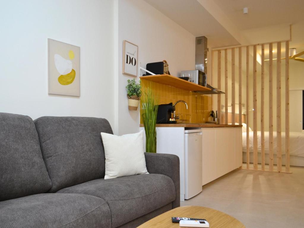 a living room with a couch and a kitchen at Ruzafa & Oceanografic Suites by Illetes Flats in Valencia