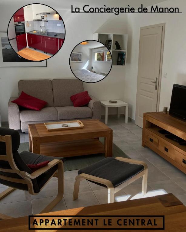 a living room with a couch and a table and a mirror at La Parenthèse du Remoray in Labergement-Sainte-Marie