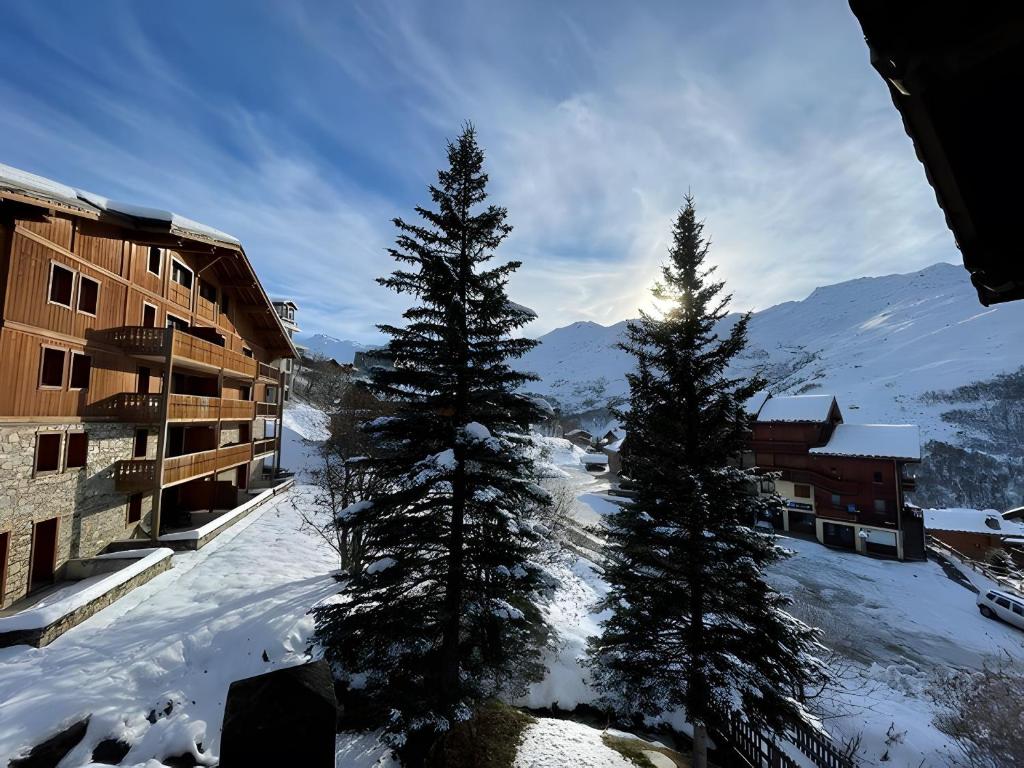 deux pins enneigés à côté d'un bâtiment dans l'établissement Appartement Les Airelles, à Levassaix