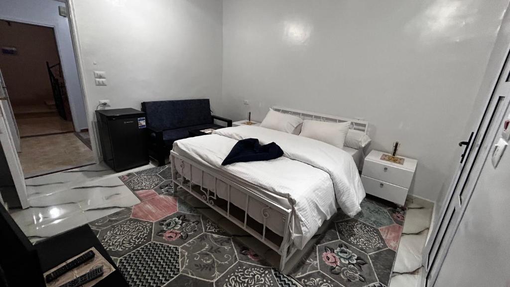 een slaapkamer met een bed en een stoel erin bij Luxor palace Apartments in Luxor