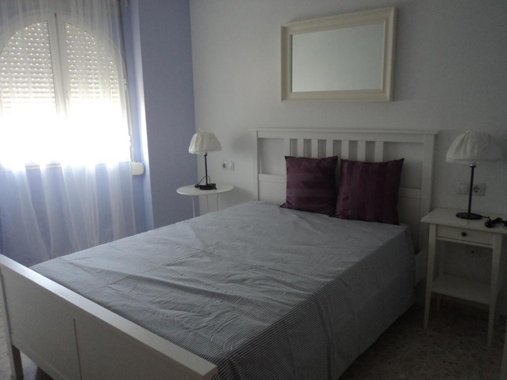 ヘレス・デ・ラ・フロンテーラにあるApartamento Centro Jerez Campillo Iのベッドルーム(紫色の枕が付いた大きな白いベッド付)