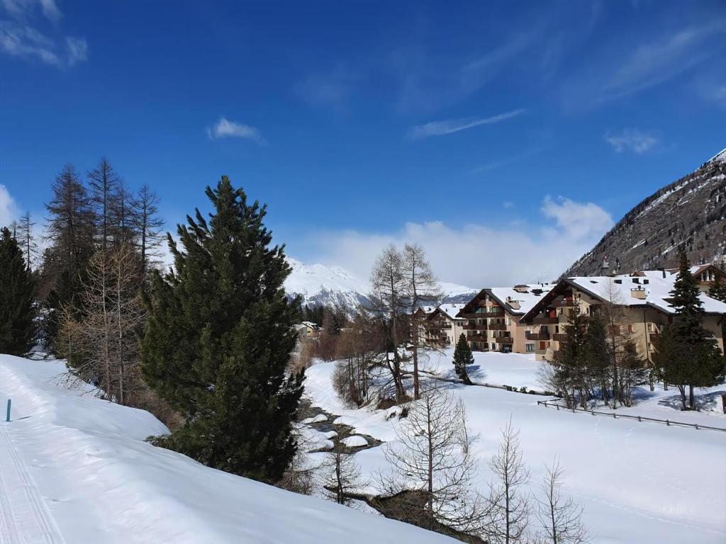 una casa en la nieve junto a una montaña en Curtins18, en Pontresina